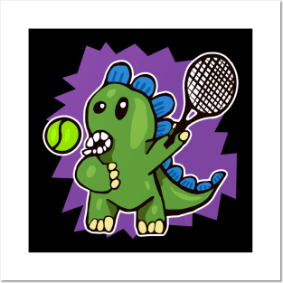 Dinosaur Playing Tennis Purple Background Posters and Art